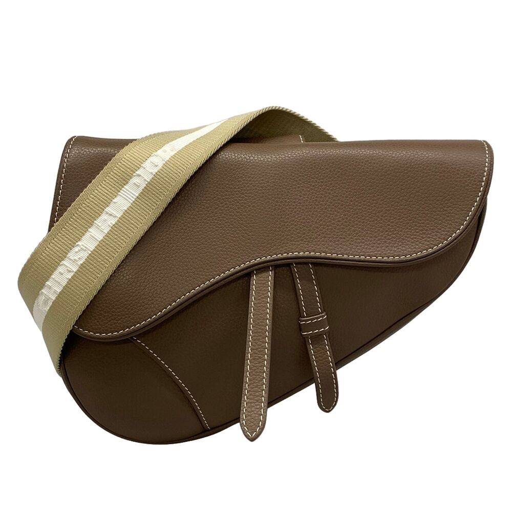 Christian Dior Saddle Bag Shoulder Bag Brown Khaki White Leather Jacquard